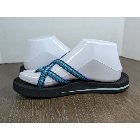 TEVA Strappy Sandals Womens 8 Blue Green Black Flip Flops Lightweight Logo - Picture 7 of 12